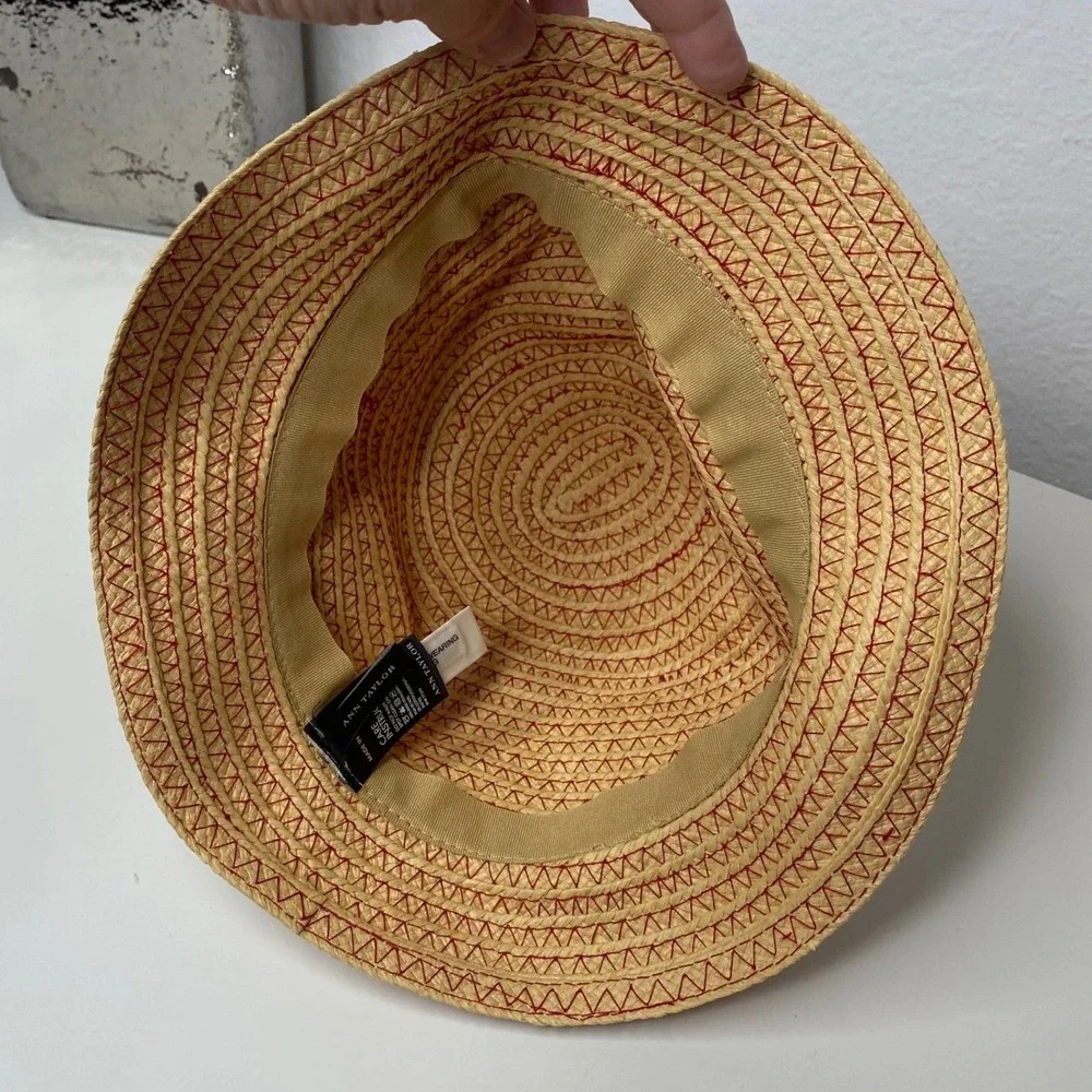 Ann‎ Taylor Womens Straw Bucket Hat Tan Red Zigzag Stitch Sun Hat Cottagecore